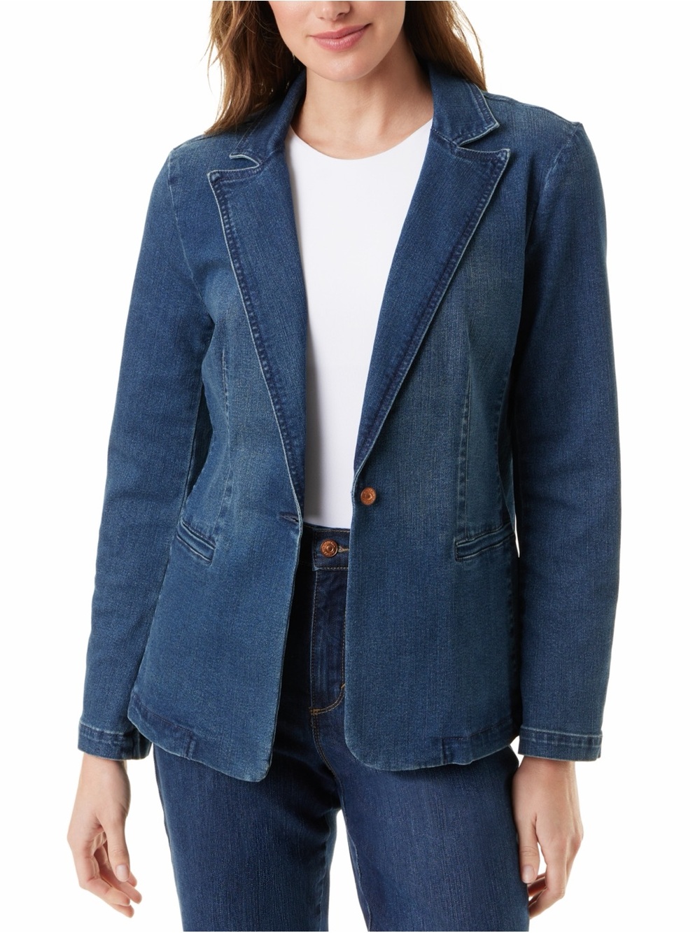 Gloria Vanderbilt Women’s One-Button Denim Blazer Jacket Medium Wash Size L
